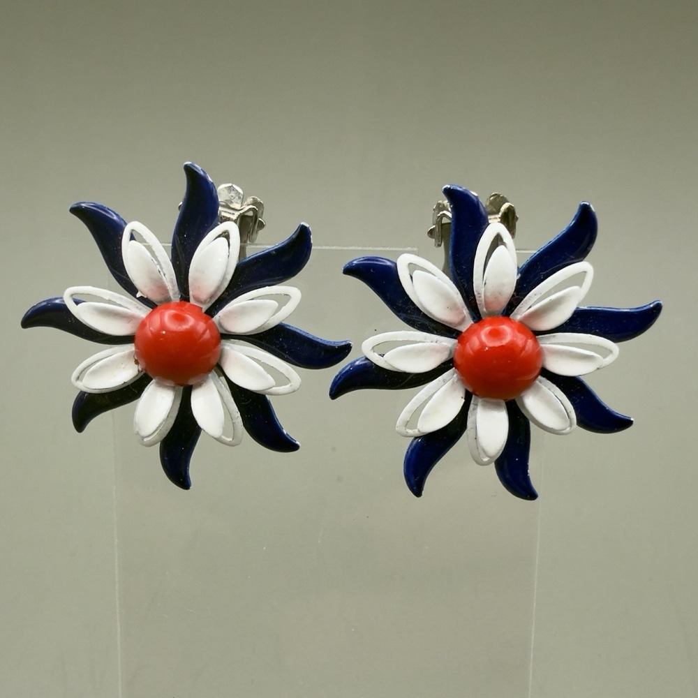 Flower Clip On Earrings Red White Blue Enamel Triple Layer Petal Floral Jewelry